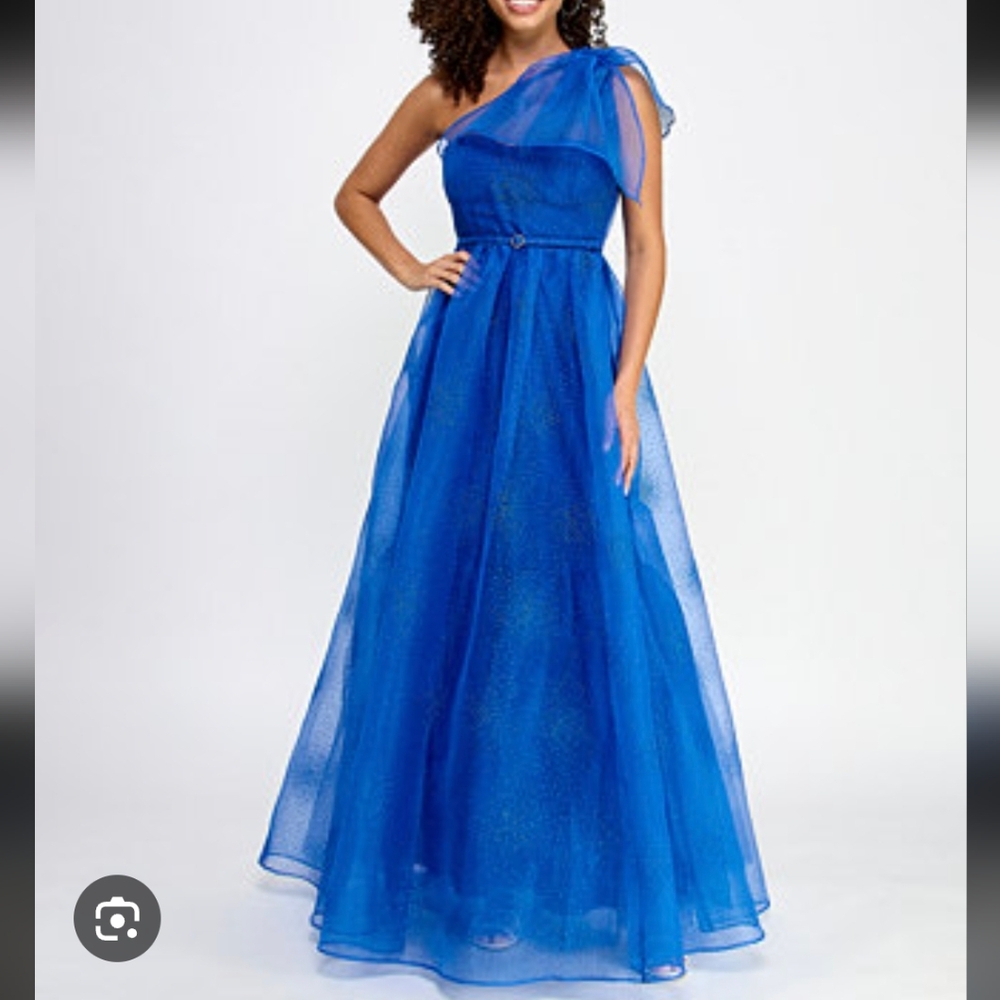 Velvet Weekend Blue Dress Glitter Mesh One Shoulder Evening Gown M NWT
